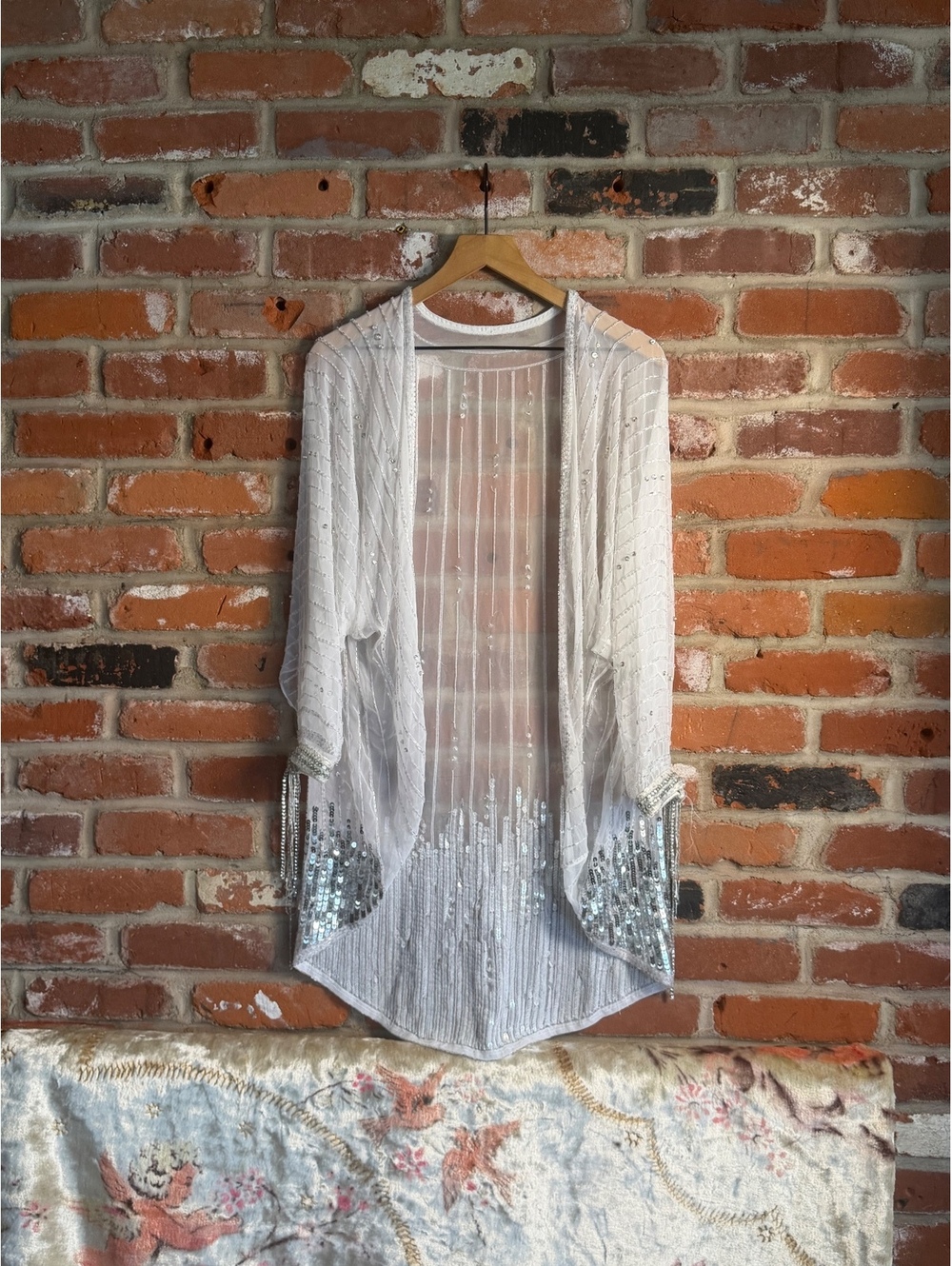 White Sheer Open Front Cardigan with Silver Sequin Embellishments